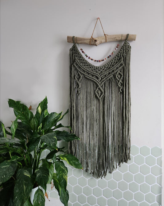 Beaded Macrame Wall Hanging, crystal and gemstone beaded macrame, Sage green macrame