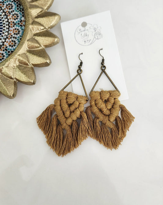 Coriander Colored Macrame Earrings | Macrame Dangle Earrings | Boho Jewelry