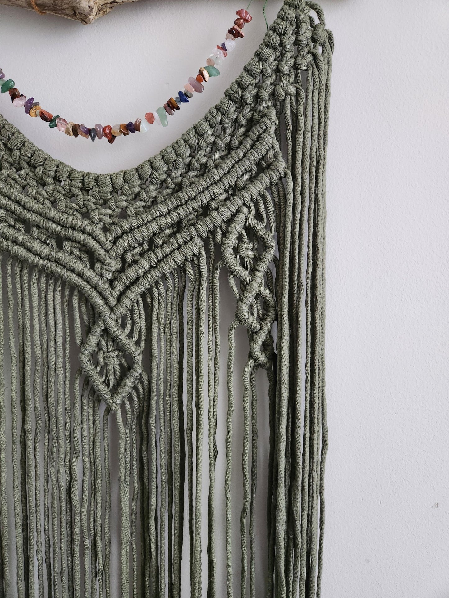 Beaded Macrame Wall Hanging, crystal and gemstone beaded macrame, Sage green macrame