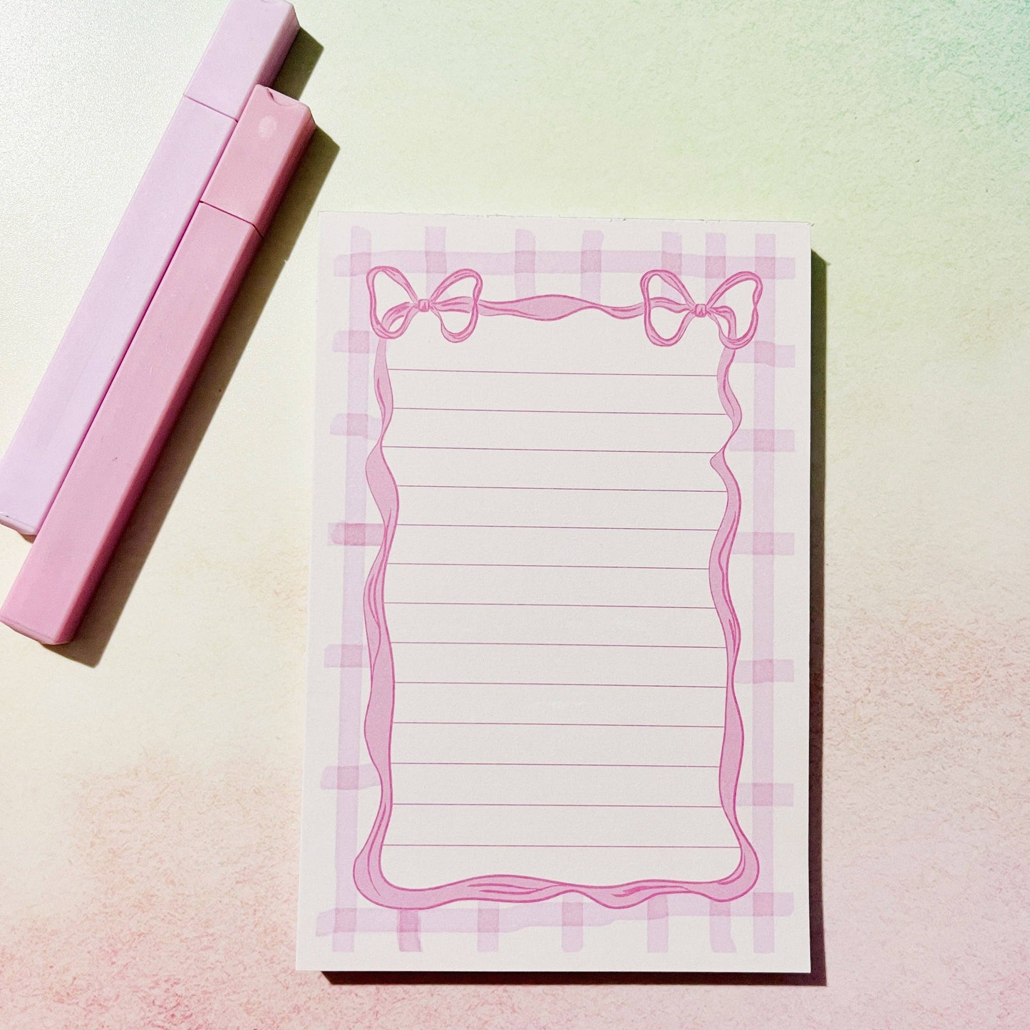 Pink Gingham Bow Border 4x6 Notepad