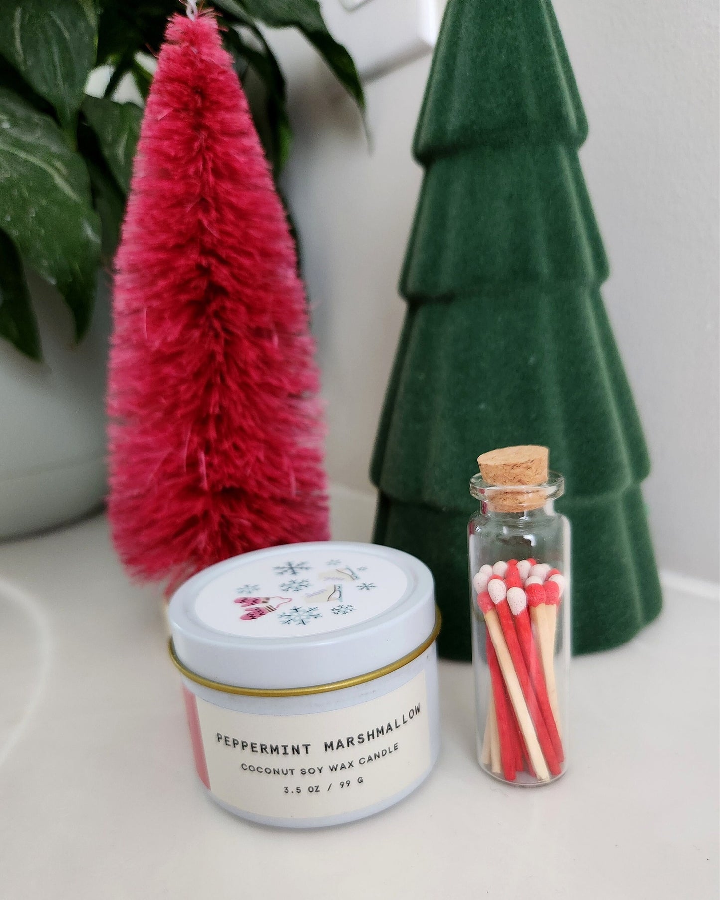 Peppermint Marshmallow candle with matchsticks