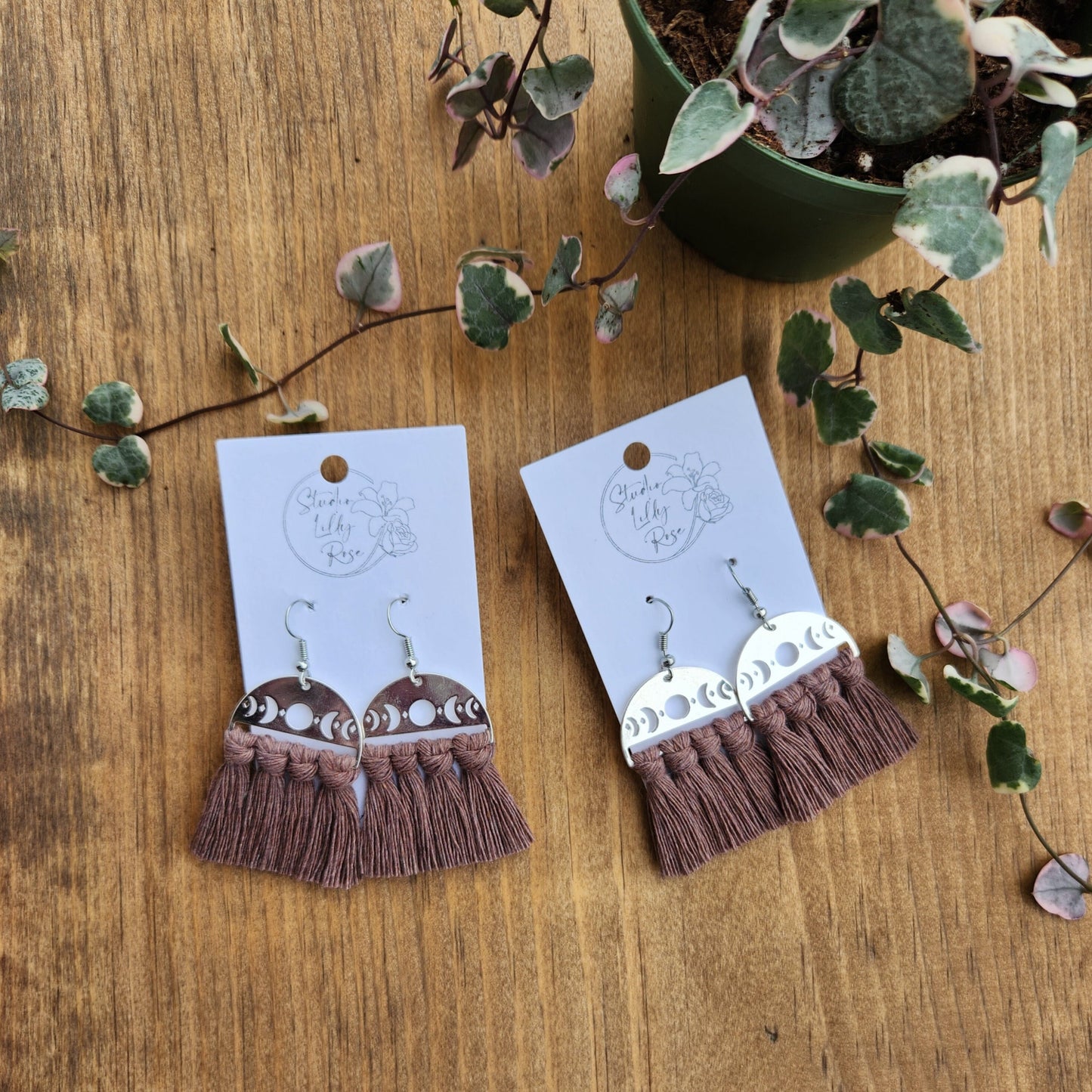 Mauve/Mink Moon Phase Macrame Earrings | silver dangle earrings