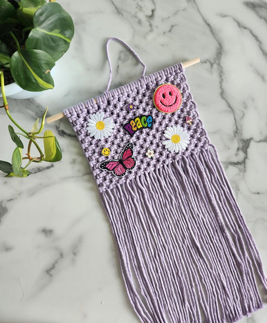Purple Macrame Wall Hanging, Smiley Face, Flower, Peace Sign, Charms Wall art, Retro