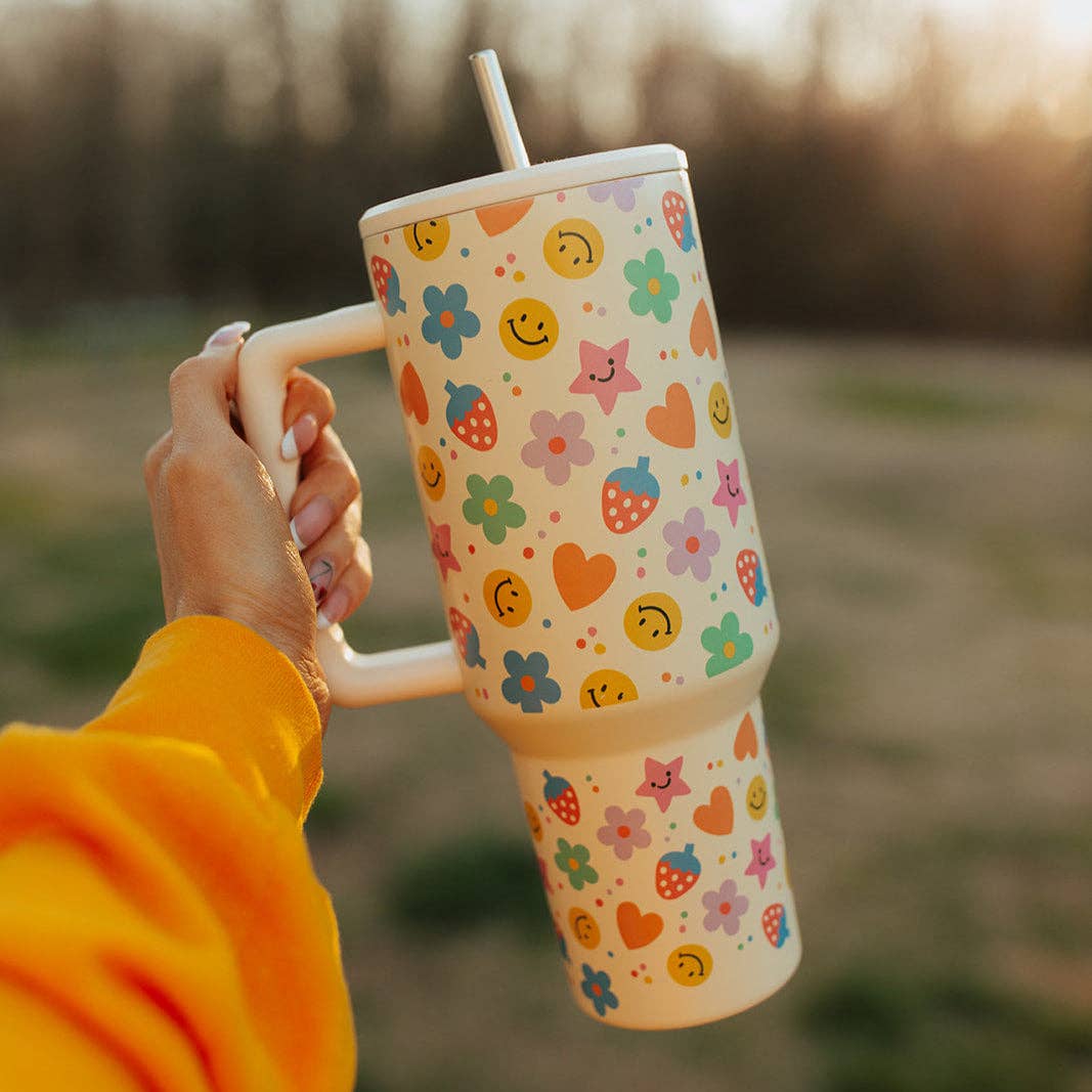 40oz Tumbler with Lid and Straw, Happy Strawberries on Cream