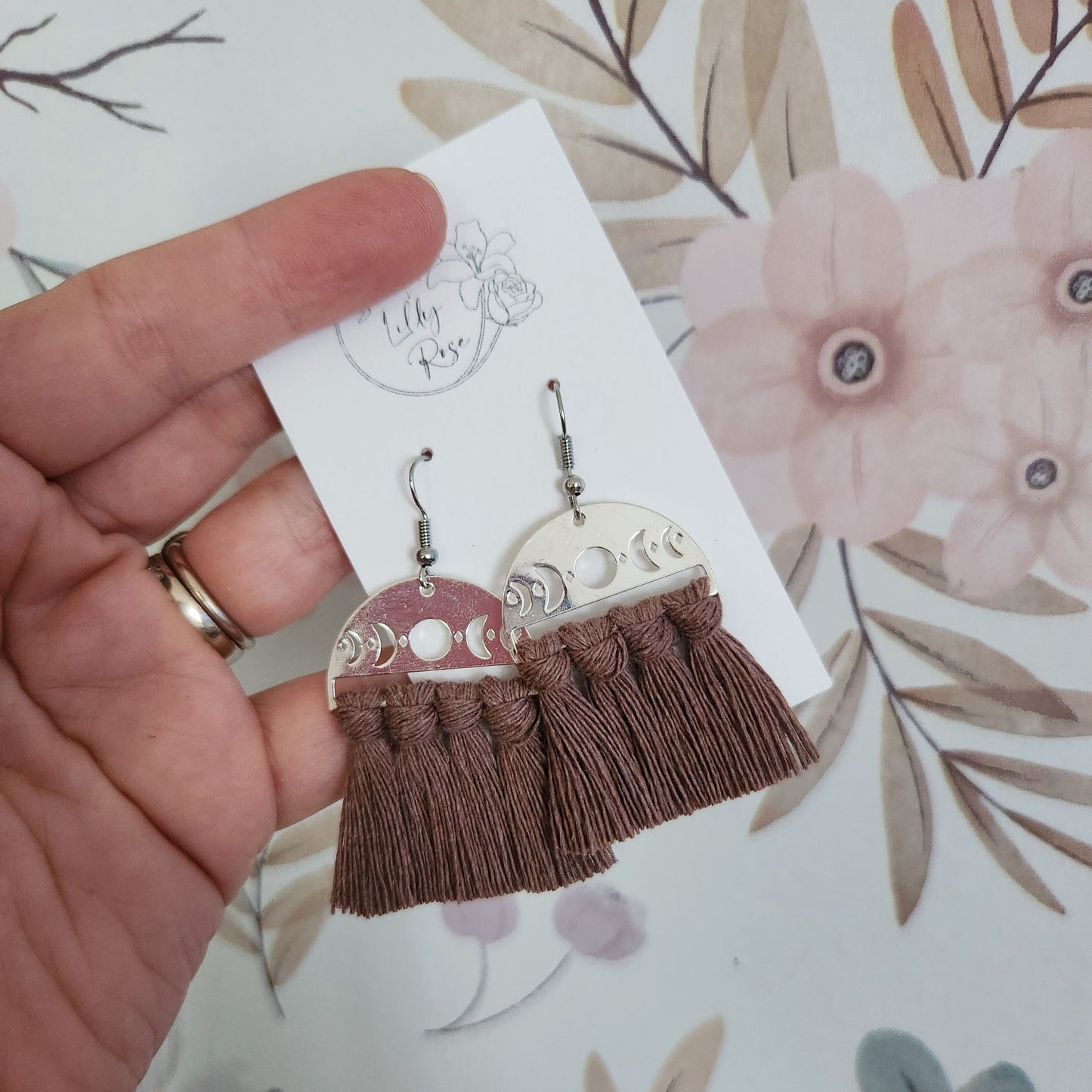 Mauve/Mink Moon Phase Macrame Earrings | silver dangle earrings