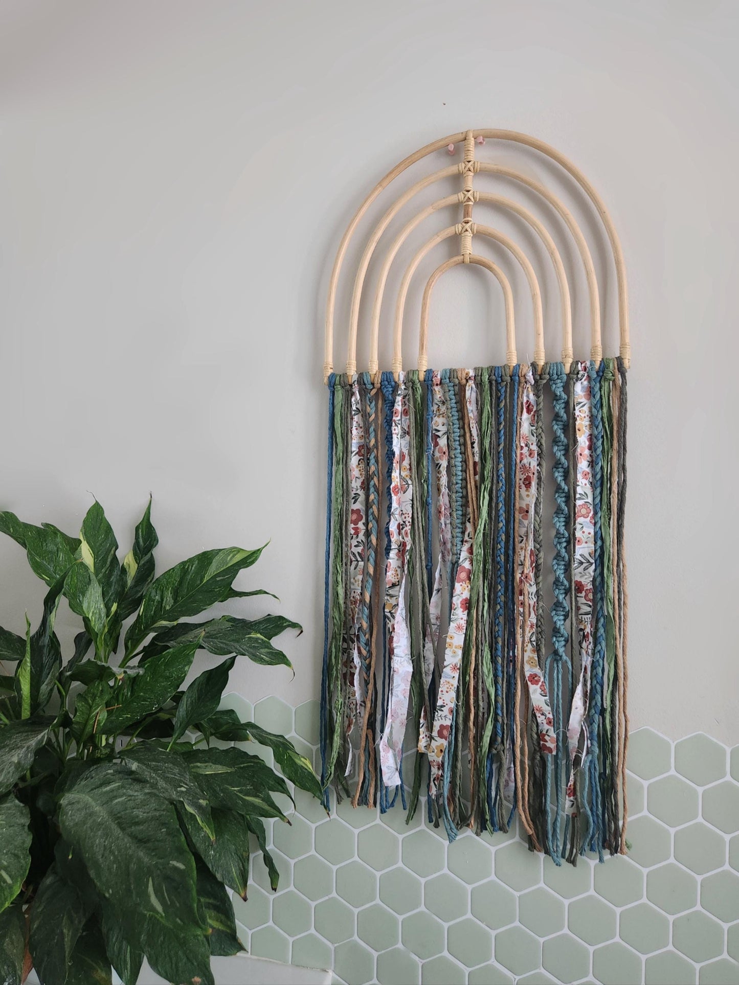 Rattan Rainbow Macrame Wall Hanging, Boho Wall Decor, wall art, nursery decor, rainbow decor, floral wall art