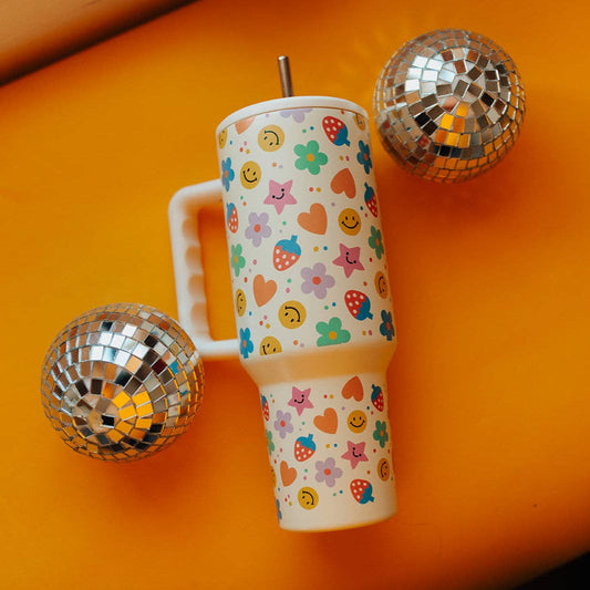 40oz Tumbler with Lid and Straw, Happy Strawberries on Cream