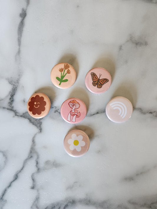 Pink Graphic Pin Mix | Smiley face pin | Flower Pins  | Rainbow Pin | Mushroom Pim | Butterfly Pin | button pins