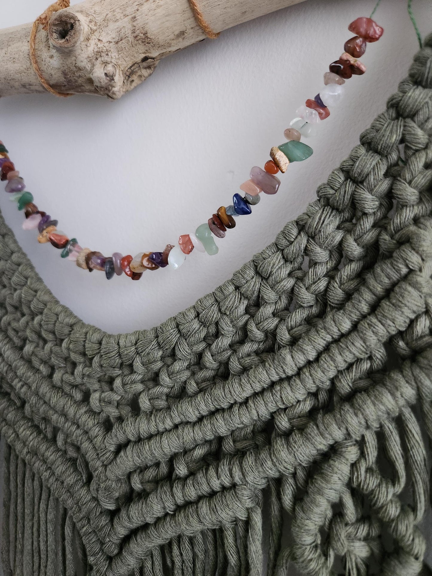 Beaded Macrame Wall Hanging, crystal and gemstone beaded macrame, Sage green macrame