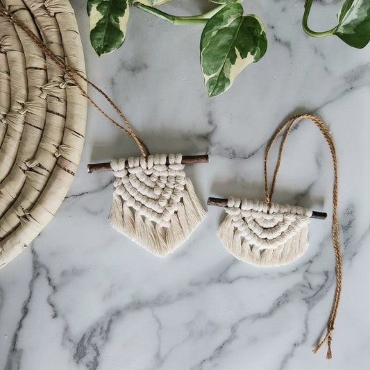 Macrame Rearview Mirror Charm, Car accessories, Rearview Mirror hanger - Natural Cotton/Off-White