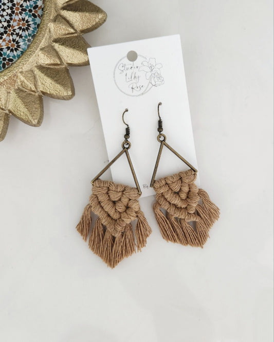 Tan Macrame Earrings | Macrame Dangle Earrings | Boho Jewelry