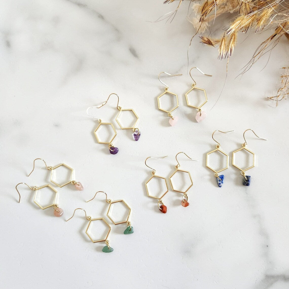Hexagon Gemstone Dangle Earrings