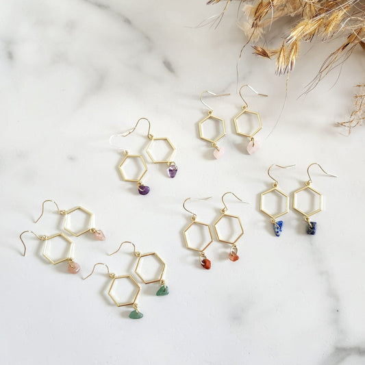 Hexagon Gemstone Dangle Earrings