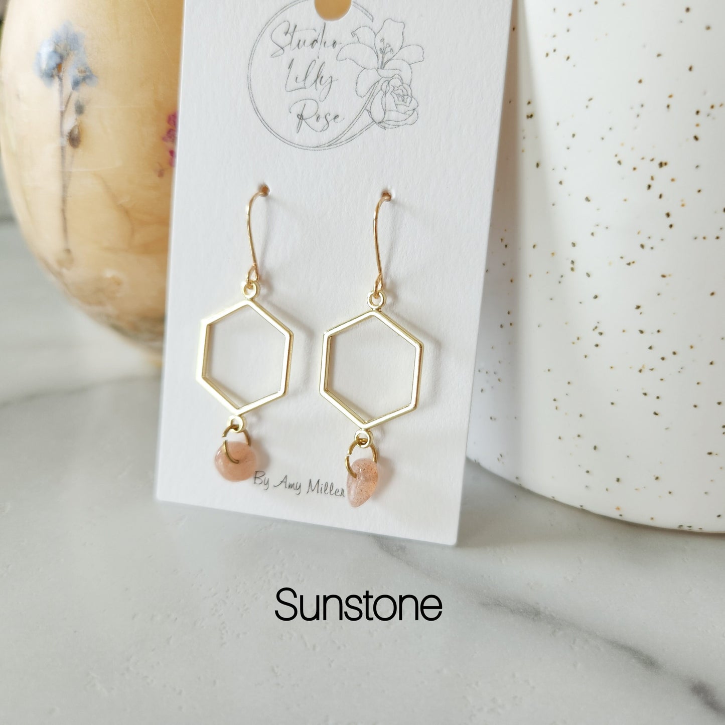 Hexagon Gemstone Dangle Earrings