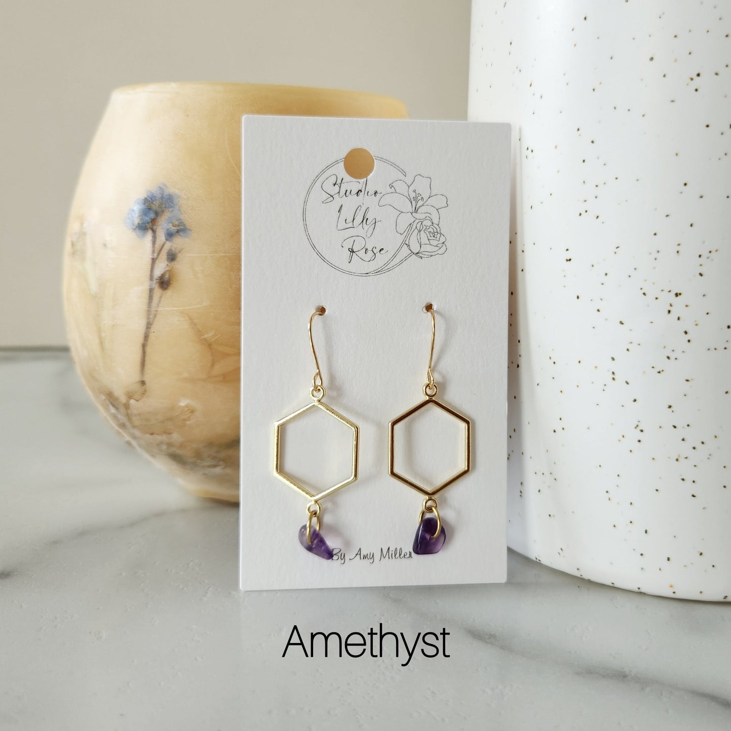 Hexagon Gemstone Dangle Earrings